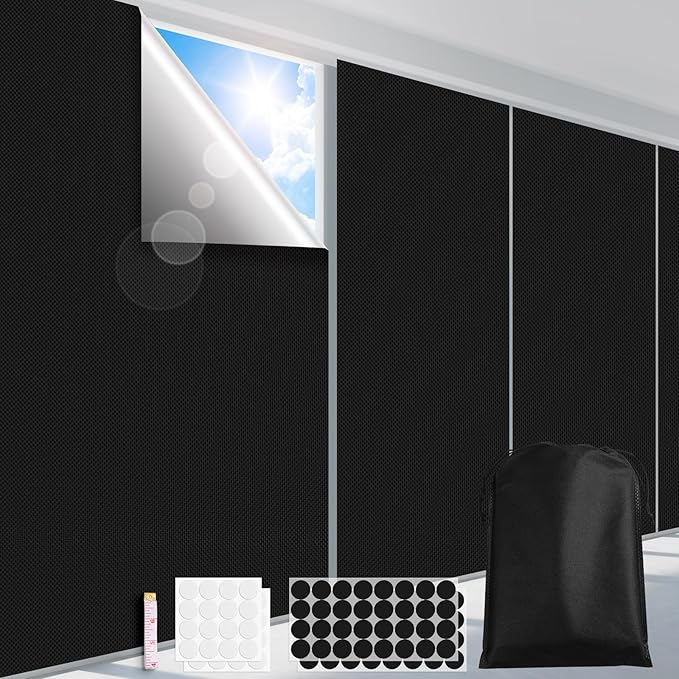 FADOTY 100% Blackout Curtains, Portable Black Out Window Cover Film, Cuttable Blackout Shades Fabric Sheet, No Drill Window Blinds, Sun Heat Light Blocker for Travel Media Dorm Bedroom, 57''W - 2Pack