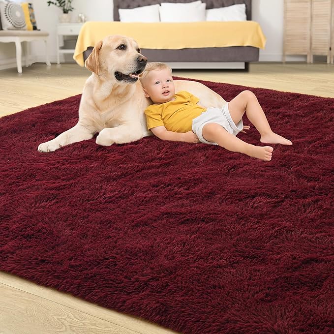 Tepook Fluffy Large Rugs for Living Room, Area Rug 6x9 Soft Carpet for Bedroom, Modern Shaggy Rug for Kids Boys Girls, Plush Indoor Nursery Home Decor Rug with Non-Slip Bottom, Burgundy Red