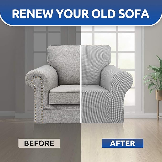 KEKUOU Stretch Single Sofa Slipcover 1 Piece Couch Sofa Cover (31"-55") Furniture Protector 1 Seater Sofa with Elastic Bottom for Kids,Pet.Jacquard Small Checked Pattern Fabric(Small,Silver)