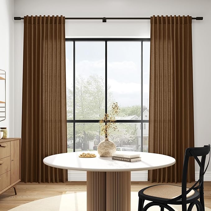 Tobacco Brown Linen Curtains 102 Inches Rod Pocket Back Tab Drapes 2 Panels Set for Living Room Bedroom Light Filtering Semi Sheer Tobacco Brown Curtain 102 Length for Patio Door 52x102