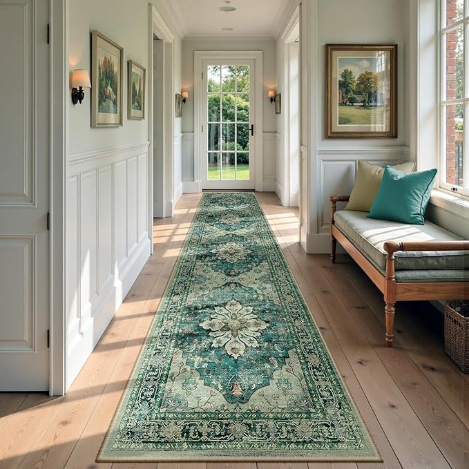 RELEANY Area Rugs 3'x12' Runner Rug Non Slip Washable for Kitchen Hallway Bedroom Beside Laundry Room Bathroom Rug, Floor Carpet, Dark Blue Vintage