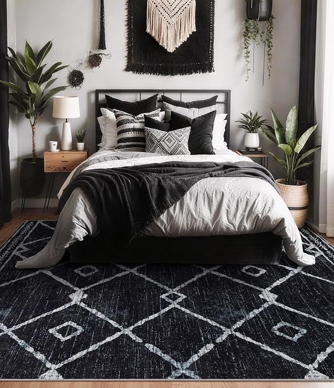 YIHOUSE Moroccan Rugs for Living Room, 6x9 Black and White Aztec Area Rug, Western Geometric Soft Low-Pile Washable Rugs for Bedroom, Dining Room