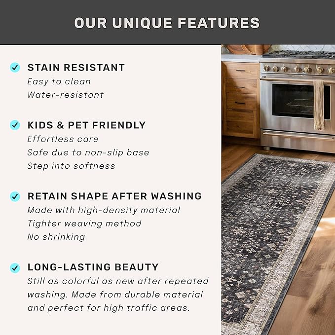 Black Boho Washable Entry Rug, 3x4 Rugs for Entryway Kitchen Bathroom Door Mat Indoor Entrance, Non Slip Rubber Backing, Stain & Fade Resistant, Ashen Charcoal Floral Design