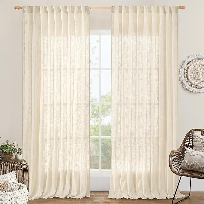 LAMIT Extra Wide Linen Curtains for Bedroom, Light Filtering Faux Linen Textured Panels Semi Sheer Back Tab and Rod Pocket Boho Drapes for Living Room, Beige, 2 Panels, 70 x 84 Inch