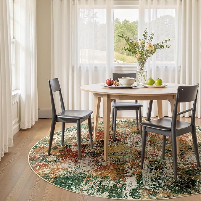 Washable Area Rugs 6ft Non-Slip Modern Abstract Soft for Living Room Entryway Bedroom Nursery, Print Pattern, Green Orange Rust Red Cream Colorful