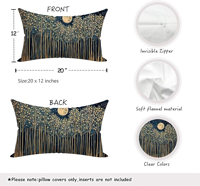Rustic William Morris Inspired Night Forest Green Moon Decor Pillow Covers 12x20 Set of 2,Vintage Botanical Nature Landscape Decorative Throw Pillow Covers for Home Bedroom Living Room