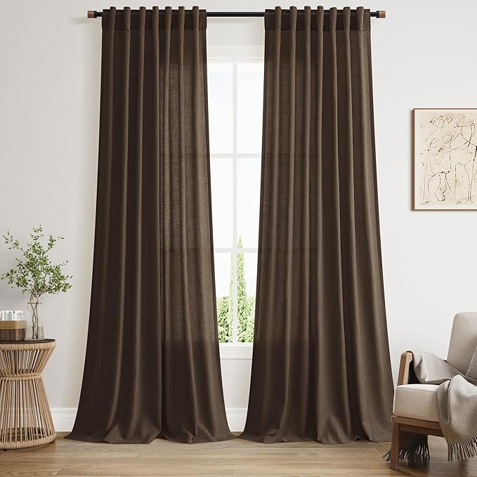 Extra Long Curtain Chocolate Morden Linen Blend Light Filtering Back Tab Curtains for Long Winodws 120 Inches Length, Semi Sheer Privacy Drapes for Living Room,52x120 inch, 2 Panels