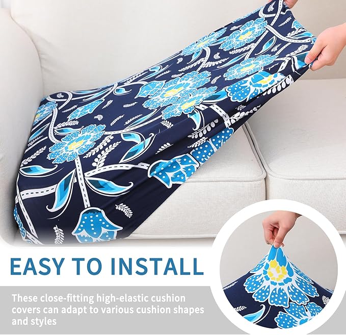 hyha Printed Couch Cushion Covers, Floral Sofa Covers Washable for 3 Cushion Couch, Stretch Pattern Outdoor Cushion Covers for Patio Furniture with Elastic Bottom(Large, Bluebell)