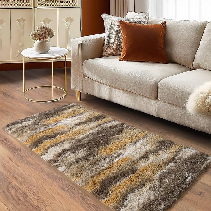 Soft Runner Rugs for Bedroom Hallways, 2x4 Abstract Brown Fluffy Shag Throw Area Rug Non Slip for Bedside Dorm, Long Shaggy Furry Carpet for Nursery Living Room