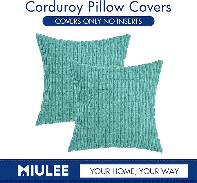 MIULEE Pack of 2 Corduroy Decorative Throw Pillow Covers 16x16 Inch Soft Boho Striped Pillow Covers Modern Farmhouse Home Decor for Summer Sofa Living Room Couch Bed Aqua Green