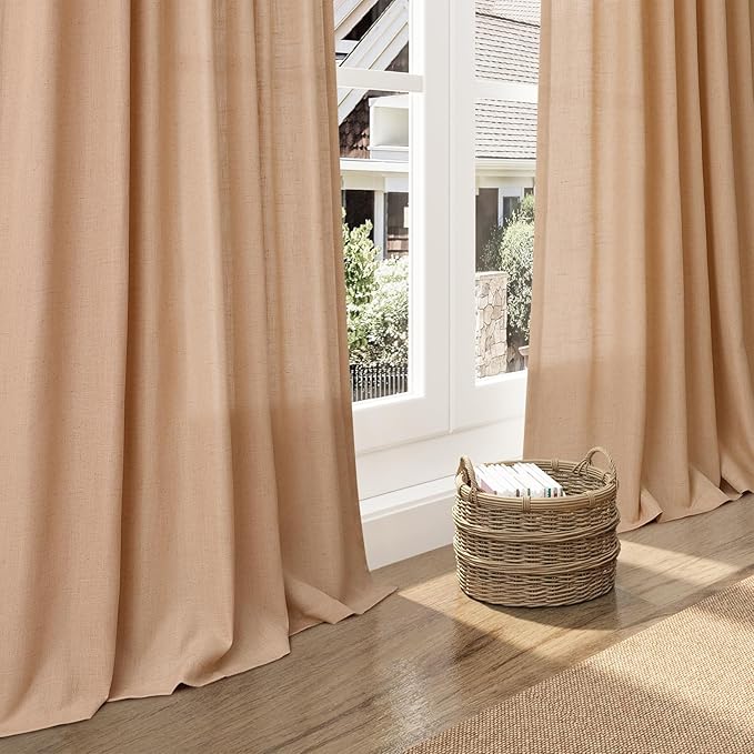 Extra Long Camel Linen Curtain 108 Inches Long 2 Panels Set Back Tab Drapes for Living Room Lively Farmhouse Light Filtering Semi Sheer Linen Curtains 108 Inch Length for Large Window 52x108