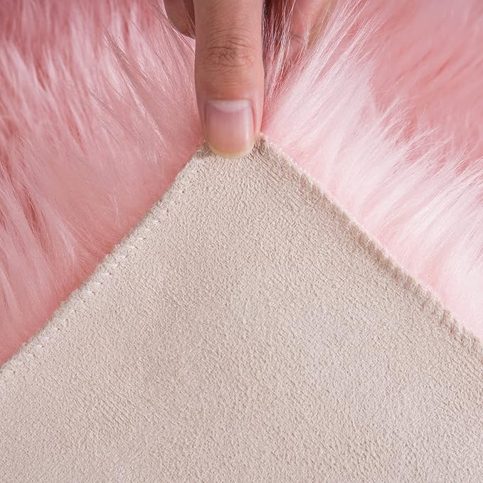 Ciicool Pink Fur Fluffy Rug, 2x4 ft Small Faux Fur Rugs for Bedroom, Washable Faux Sheepskin Carpet for Sofa Couch Seat Cushion, Thick Shaggy Furry Rugs Floor Carpets for Bedside Living Room