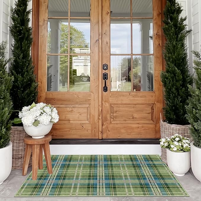 Buffalo Outdoor Rug - 28" x 43" Front Door Mat Indoor Outside Entrance Non-Slip Washable Outdoor Mat Green Teal Plaid Tartan Rug for Entryway Kitchen Bedroom Layered Doormat for Front Porch