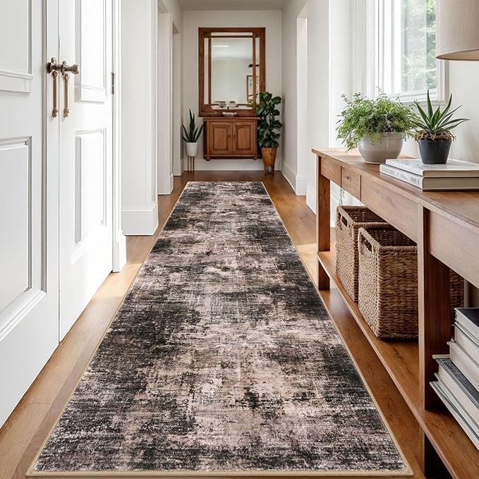 IOHOUZE Abstract Runner Rug 3x12 Ft Washable Runners for Hallways, Non Slip Kitchen Runner Printed Faux Wool Entryway Runner Indoor, Modern Abstract Floor Carpet for Hall Kitchen, Brown/Rust