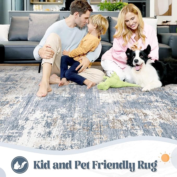 XLUEZ 9x12 Area Rug for Living Room, Washable Modern Abstract Large Area Rug Neutral Soft Non Slip Kids Rug Stain Resistant Indoor Carpet for Bedroom Dining Room Playroom Office(Blue, 9'x12')