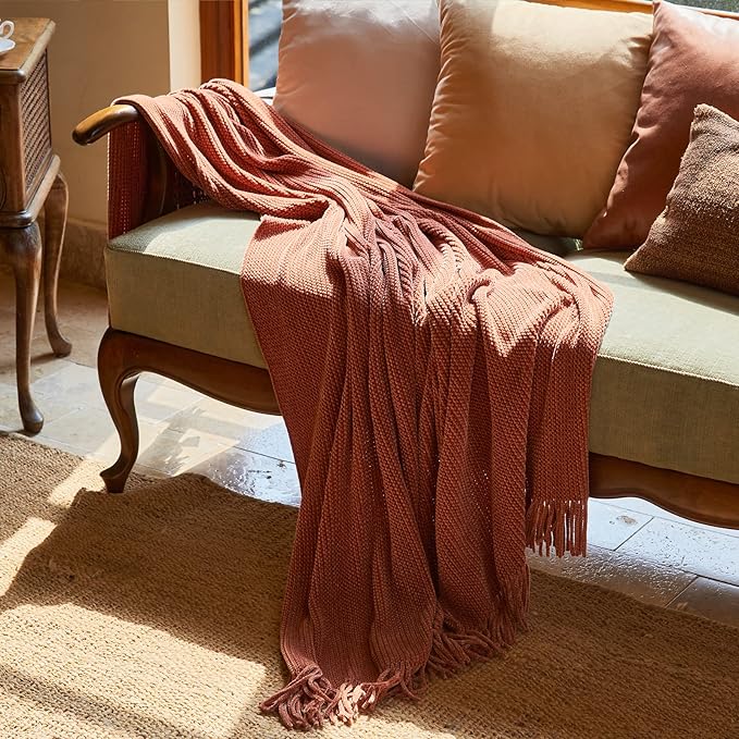 lifein Throw Blanket for Couch, Soft Boho Bed Throw,Cozy Burnt Orange Chenille Knitted Small Spring Lightweight Throw(Rust,50 * 60")
