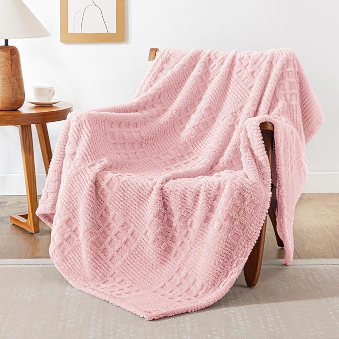 EXQ Home Fleece Throw Blanket for Couch or Bed - 3D Waffle Patchwork Pattern Jacquard Decorative Blankets - Cozy Soft Fuzzy Flannel Blanket Suitable for All Seasons(50"×60",Pink)