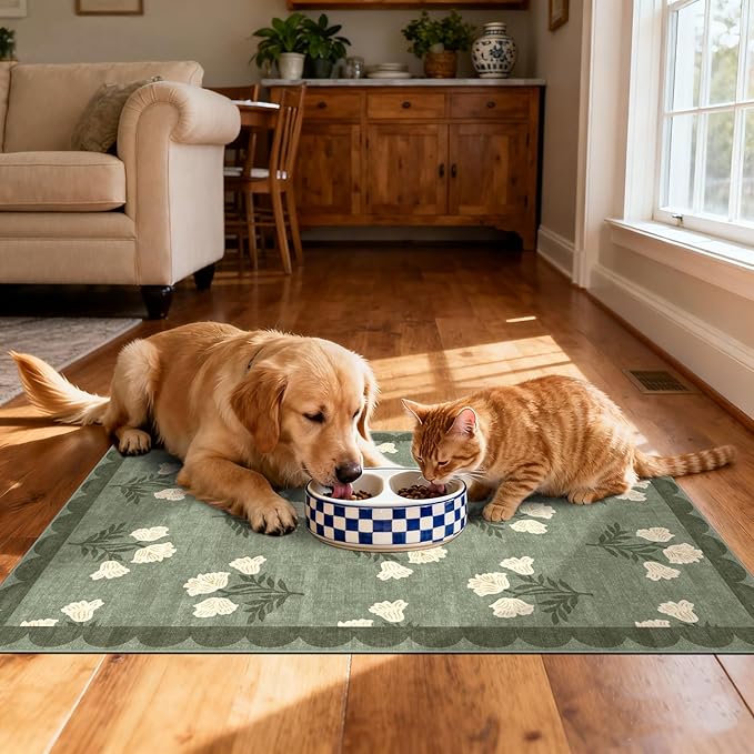 Floral Outdoor Rug - 28" x 43" Front Door Mat Indoor Outside Entrance Non-Slip Washable Outdoor Mat Sage Green Spring Scalloped Rug for Entryway Kitchen Bedroom Layered Doormat for Front Porch