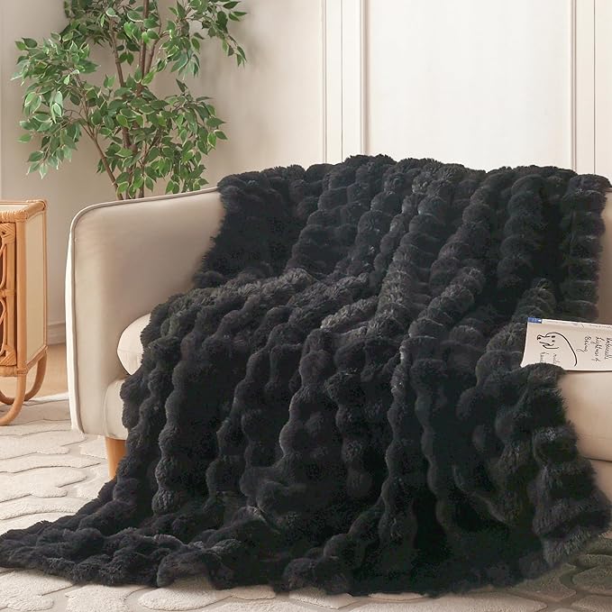 COOVA Faux Fur Throw Blanket for Couch, Cozy Soft and Fuzzy Plush Rabbit Fur Bubble Blanket for Sofa Bedroom Living Room, 60x80 Inches Black