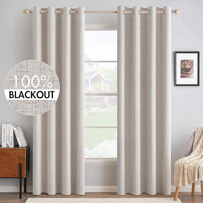 MIULEE 100% Blackout Polyester Textured Curtains for Bedroom Solid Thermal Insulated Ivory Grommet Room Darkening Curtains & Drapes Luxury Decor for Living Room Nursery 52 x 90 Inch (2 Panels)