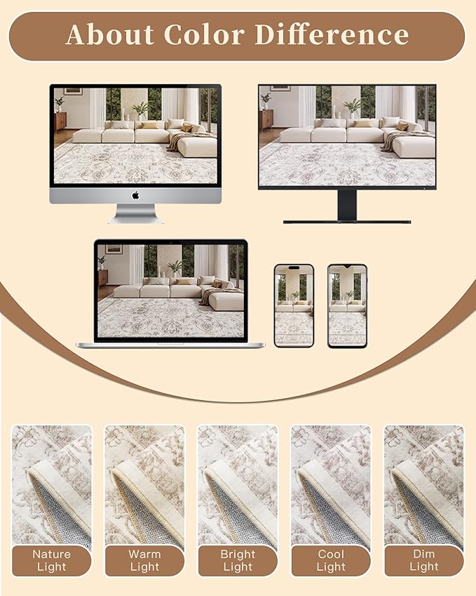 Madane 5x7 Area Rugs for Living Room, Washable Vintage Natural Rug with Non-Slip Backing, Soft Floral Print Throw Rugs Floor Low Pile Carpet for Bedroom Dining Room Farmhouse (5 x 7, Brown/Ivory)