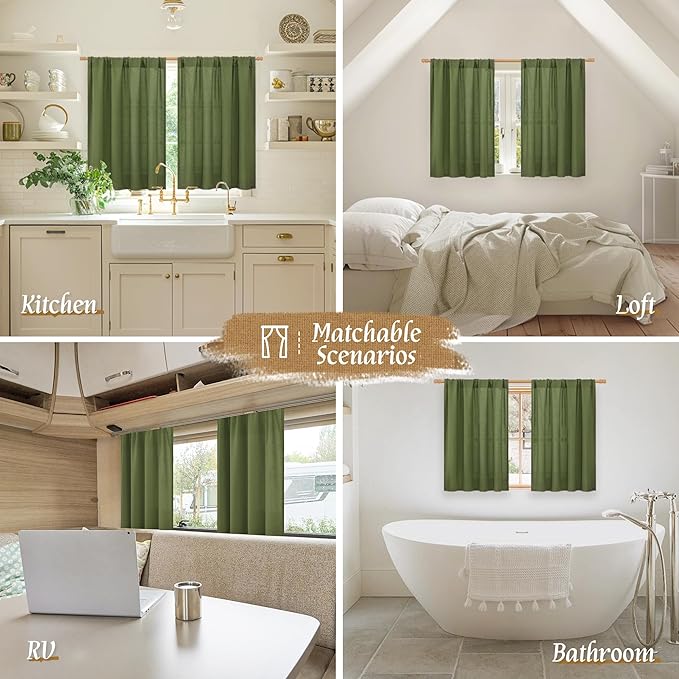 LAMIT Linen Curtains 45 Inch Length 2 Panels Set for Bedroom, Light Filtering Semi Sheer Neutral Short Decorative Window Rod Pocket Christmas Decor Drapes for RV/Basement, 42 X 45 Inch, Olive Green