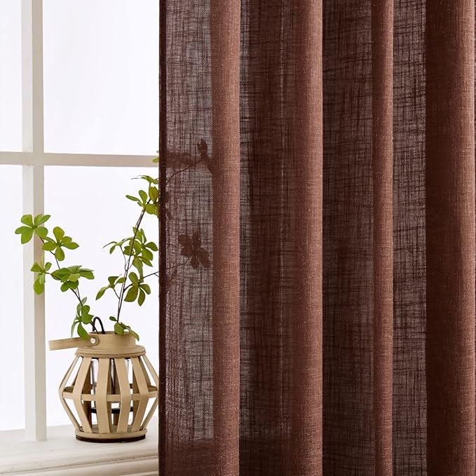 MIULEE Chocolate Brown Linen Curtains 90 Inch Long for Bedroom Living Room, Soft Thick Linen Textured Window Drapes Semi Sheer Light Filtering Back Tab Rod Pocket Burlap Look Decor, 2 Panels