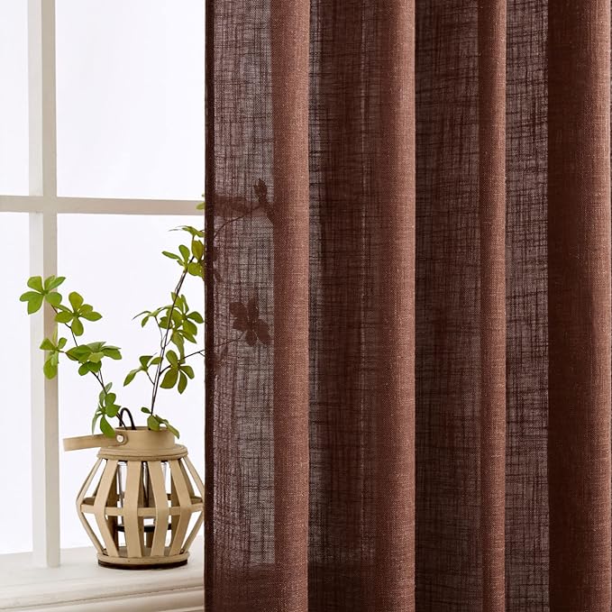 MIULEE Chocolate Brown Linen Curtains 63 Inch Length 2 Panels for Bedroom Living Room, Soft Thick Linen Textured Natural Window Drapes Semi Sheer Light Filtering Back Tab Rod Pocket Burlap Look Decor