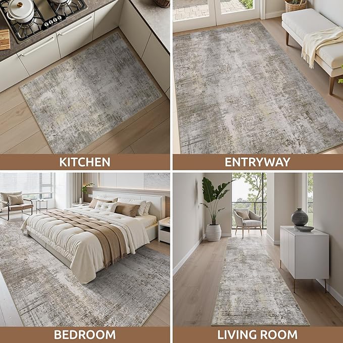 4 x 6 Area Rugs for Living Room, Machine Washable Non Slip Rug Ultra Soft Low Pile Indoor Carpet Modern Abstract Rugs for Bedroom Office Room Dining Room Beside, Beige