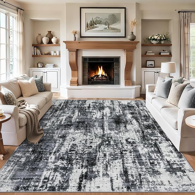 Area Rugs 10x12 Living Room - Washable Rug Modern Abstract Soft Large Neutral Non-Slip Carpet Indoor Floor Thin Carpets for Bedroom Dining Room Farmhouse Nursery Home Office Black