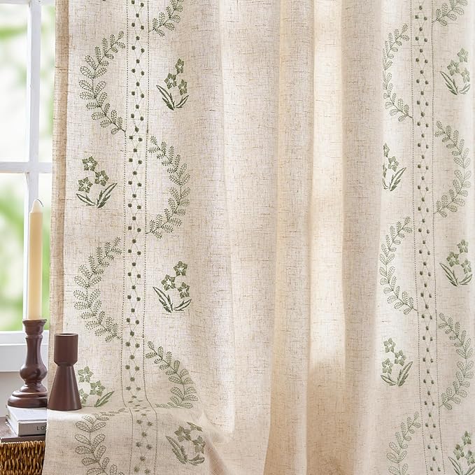 jinchan Belrose Lined Linen Blend Curtains Floral Curtains for Bedroom 63 Inch Length Sage Green Embroidered Drapes Rod Pocket Farmhouse Flower Drapes for Living Room Window Treatments Set 2 Panels