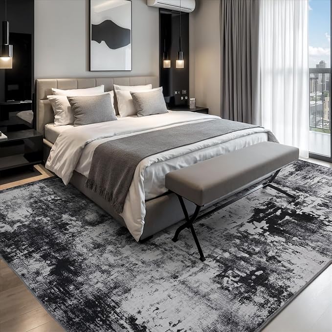 Rugflix 9x12 Area Rugs for Living Room, Washable Large Rug Stain-Resistant Low Pile, Modern Dark Carpet for Dining Room Home Office Kid Room Nursery Bedroom, Black Grey