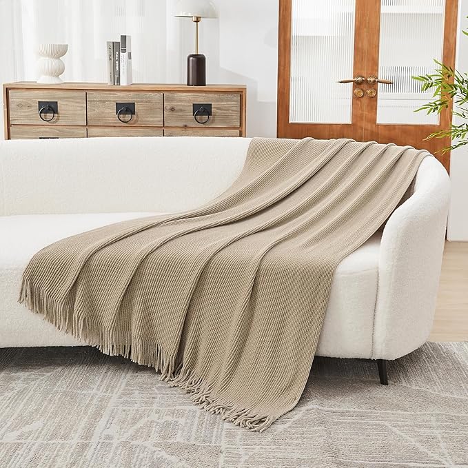 lifein Throw Blanket for Couch, Soft Boho Decor Bed Throw,Cozy Beige Knitted Chenille Small Farmhouse Lightweight Throw (Beige,60 * 80")