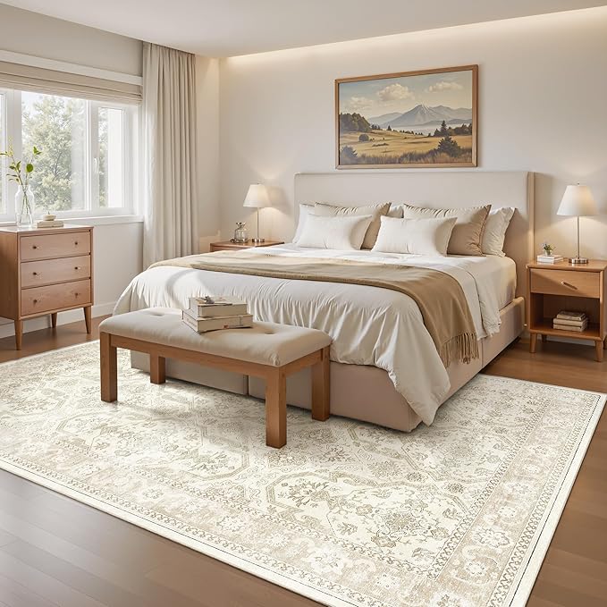 Area Rug 6x9, Washable Rugs, Stain Resistant Gray Area Rugs for Living Room Bedroom Dining Room, Vintage Farmhouse Rug Beige