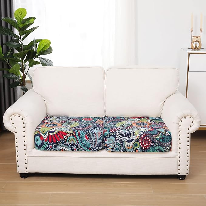 hyha Printed Couch Cushion Covers, Floral Sofa Covers Washable for 2 Cushion Couch, Stretch Pattern Outdoor Cushion Covers for Patio Furniture with Elastic Bottom(2 Packs, Paisley)