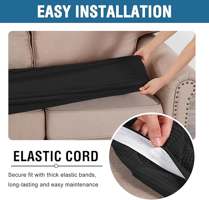 H.VERSAILTEX Super Stretch Individual Seat Cushion Covers Sofa Covers Couch Cushion Covers Slipcover Sets Thick Jacquard Textured Twill Fabric (1 Piece Sofa Cushion Cover, Black)