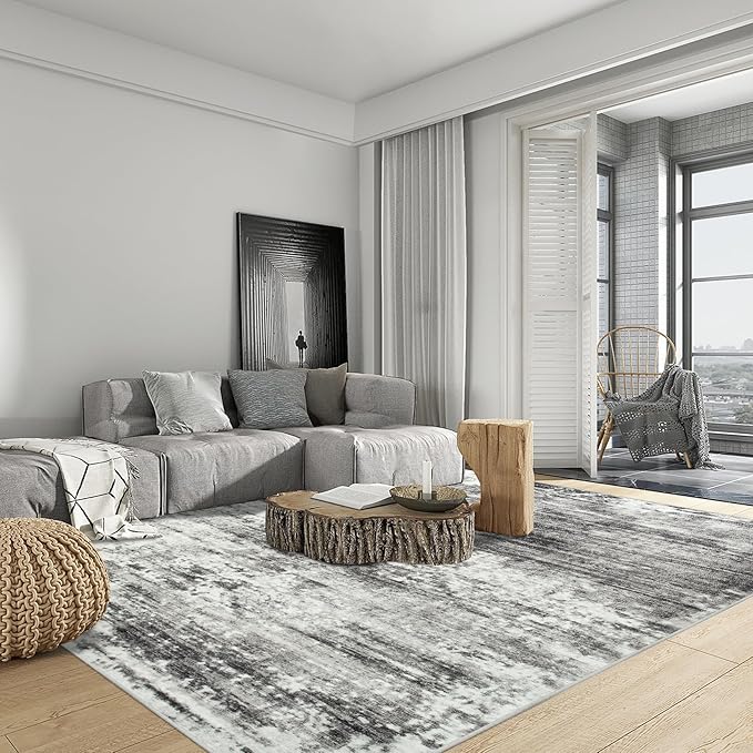 8x10 Area Rugs Washable Rug: Large Modern Abstract Living Room Rug Soft Anti-Skid Thin Carpet Indoor Floor Non-Shedding Carpets for Bedroom Dining Room Farmhouse Nursery Home Office Black Grey