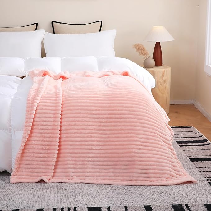 Light Pink Fleece Throw Blanket 90”×90” for Couch Sofa Bed,Super Soft Cozy Plush Microfiber Flannel Blanket with Stripes Design Lightweight for Adults,Woman,Girls