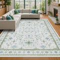 Cream Green Large 8x12 Area Rug for Living Room - Washable Non Skid Geometric Floral Carpet for Dining Room, Playroom, Bedroom - Blue and Green Soft Floral Rug