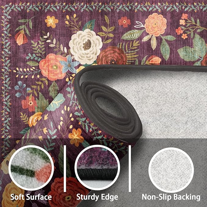 Floral Machine Washable Rug, 3x5 Rug Non Slip Soft Bedroom Rugs for Entryway Dorm, Ultra-Thin Rugs for Bedroom Stain Resistan(3 x 5, Purple Lawn)
