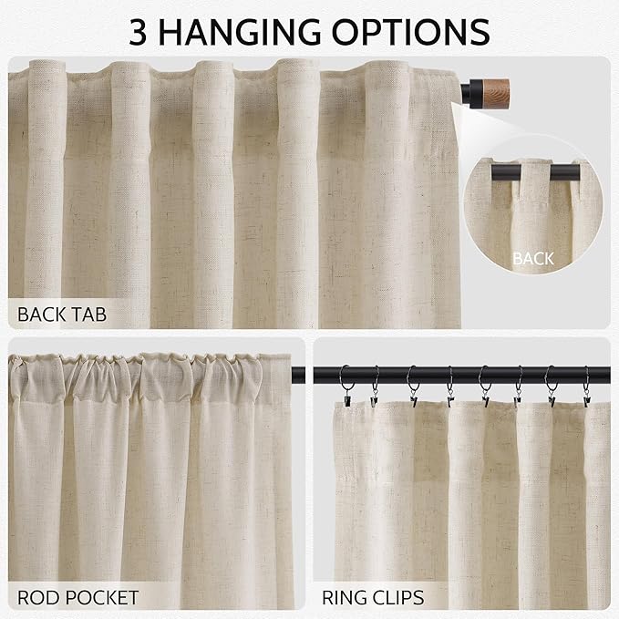Boho Linen Curtains for Living Room 126 Inches Long Light Filtering Semi Sheer Curtain Back Tab Boho Eclectic Home Decor Farmhouse Drapes Floor to Ceiling High Window for Bedroom 52x126, 2 Panels