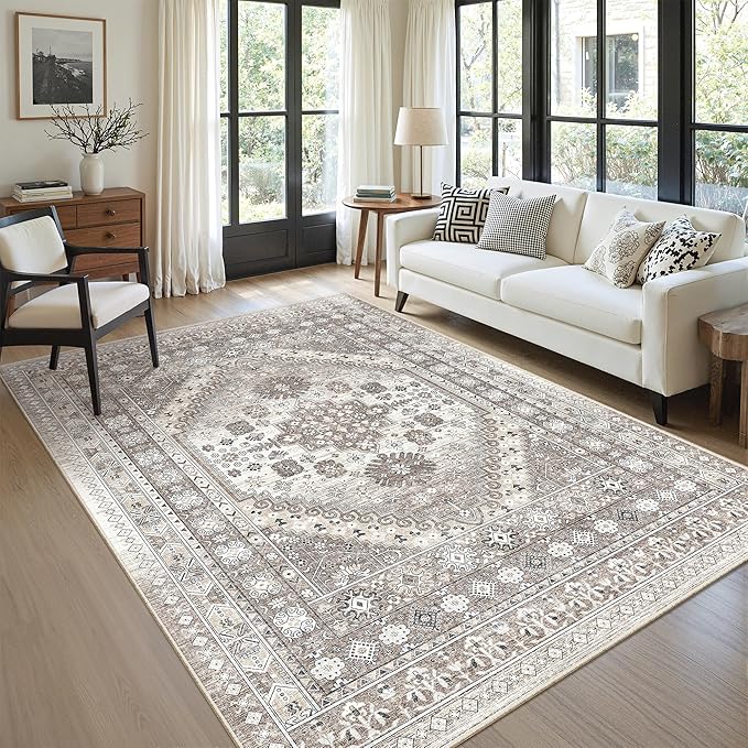 zesthome 7x9 Area Rug, Super Soft Washable Rugs for Living Room, Non-Slip Stain Resistant Vintage Rugs, Ultra-Thin Large Area Rugs (Brown/Beige,7'x9')