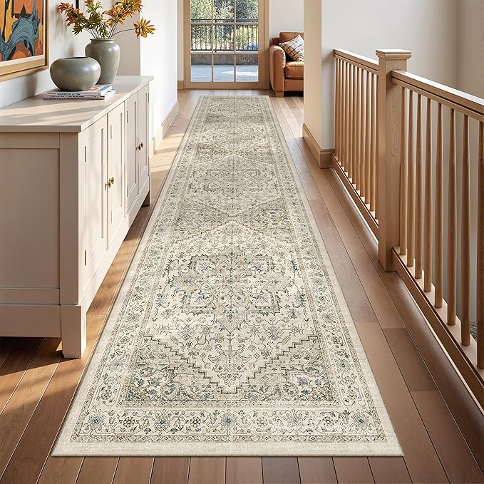Runner Rug 2x10, Ultra-Thin Kitchen Rugs Non Slip Washable Rugs for Entryway Rug, Kitchen Runner Low Pile Vintage Soft Carpets for Living Room, Bathroom Bedroom (Brown/Beige,2'x10')