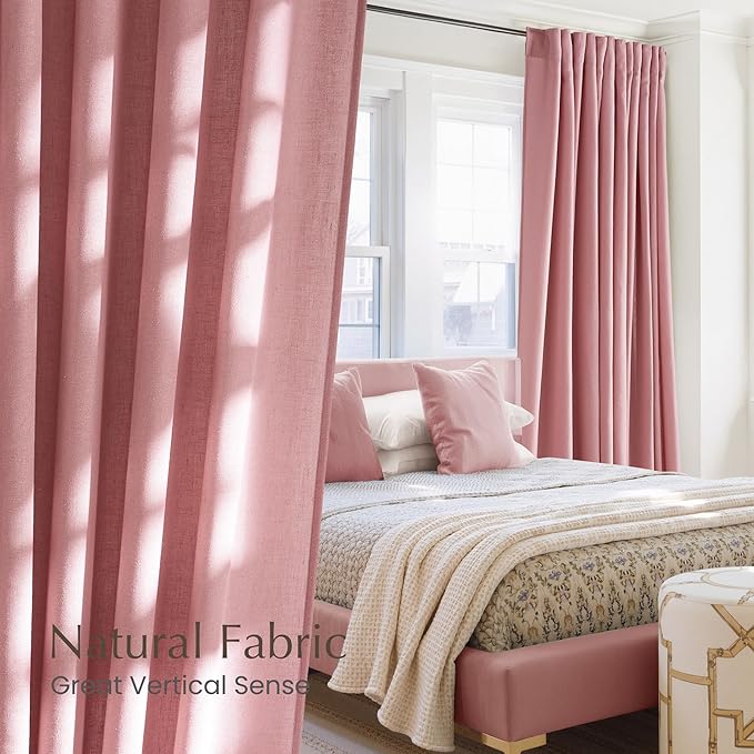 NICETOWN Thick Linen Pink Curtains for Girls Room 96 inches Long, Grommet Flax Linen Privacy Added with Light Filtering Window Treatments for Bedroom, W55 x L96, 2 Panels