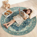 Area Rugs 4ft Washable Non-Slip, Floral Vintage Distress Print Pattern Medallion Carpet for Living Room Bedroom Dining Room, Dark Blue Vintage