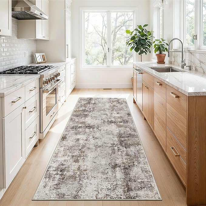 2x5 Washable Runner Rug for Hallway: Non Slip Entryway Runners Rugs Easy-to-Clean - Soft Living Room Bedroom Carpet - Thin Low Pile Floor Mat for Dining Room Beige Brown
