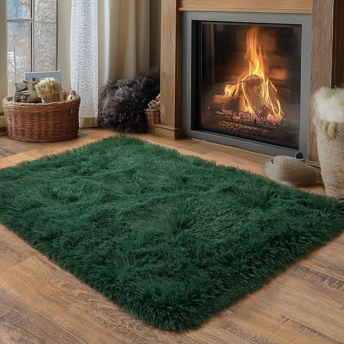 Small Area Rug, 2x3 Rug for Bedroom Shaggy Throw Rugs for Dorm Rug, Soft Shag Carpet for Kids Room, Plush Comfy Fluffy Bedside Rug for Home Decor Aesthetic, Blackish Green