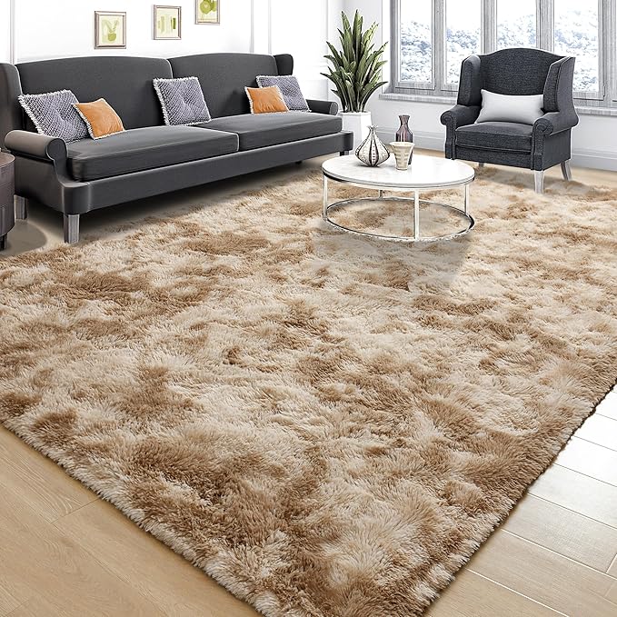 Tepook Area Rugs 9x12 for Living Room, Super Soft Fluffy Rugs for Bedroom, Modern Shaggy Rug Fuzzy Carpets for Kids, Plush Indoor Nursery Home Decor Rug with Non-Slip Bottom, Tie-Dyed Beige