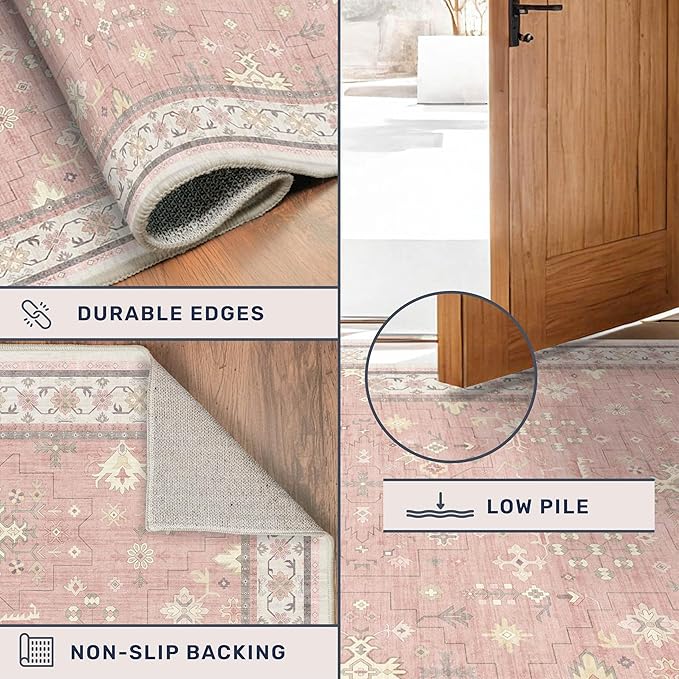 Hazo Haus Pink Washable 6x9 Rug for Bedroom - Nursery Floral Girls Room Rug Machine Washable Non Slip Kids Playroom Mat, Cute Girly Thin Low Pile Stain Resistant Living Room Decor