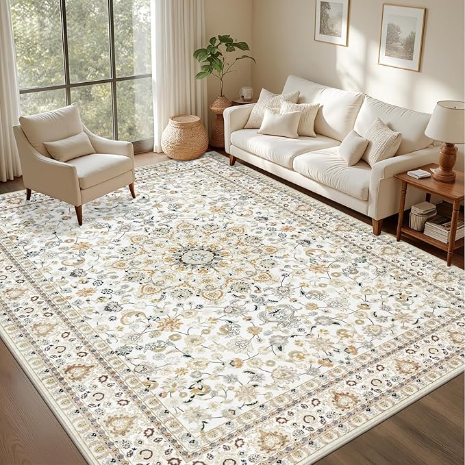 8x10 Area Rugs for Living Room: Washable Rug Soft Vintage Boho Carpet Indoor Floor Non-Slip Stain Resistant Floral Large Carpets for Bedroom Dining Room Farmhouse Nursery Home Office Beige